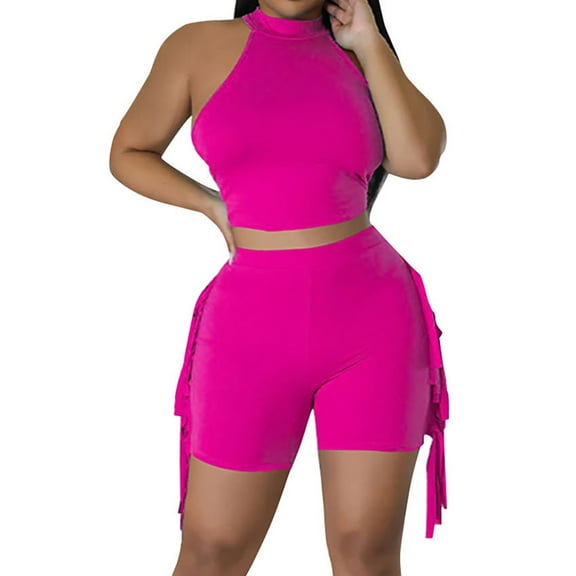 Beach Vacation Clothes for Women Set New 2 Piece Yoga Workout Sets for Women Tummy Suits Crop Tank Tops and Short Leggings Summer Casual Outfits Pinks XL