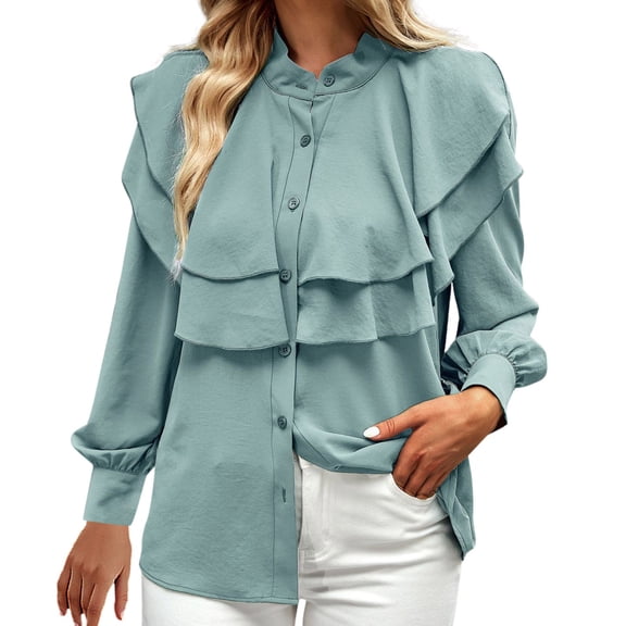 Beach Vacation Clothes for Women, Shirts for Women, Loose Spring Blouse Elegant Stand Puff Sleeve Fashion Long Sleeve Women Tops Fashionable Polyester Shirt