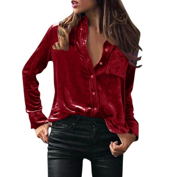 Beach Vacation Clothes for Women, Tops for Women Trendy, Stylish Women's Casual Winter Blouse Velvet Long Sleeve Button Down Elegant Pocket Top for Everyday Wear