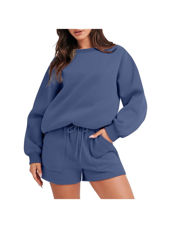 Beach Vacation Clothes for Women Two Piece Set New Women's Fall Oversized Long Sleeve Lounge Sets Casual Tops and Shorts 2 Piece Outfits Sweatsuit Navy L