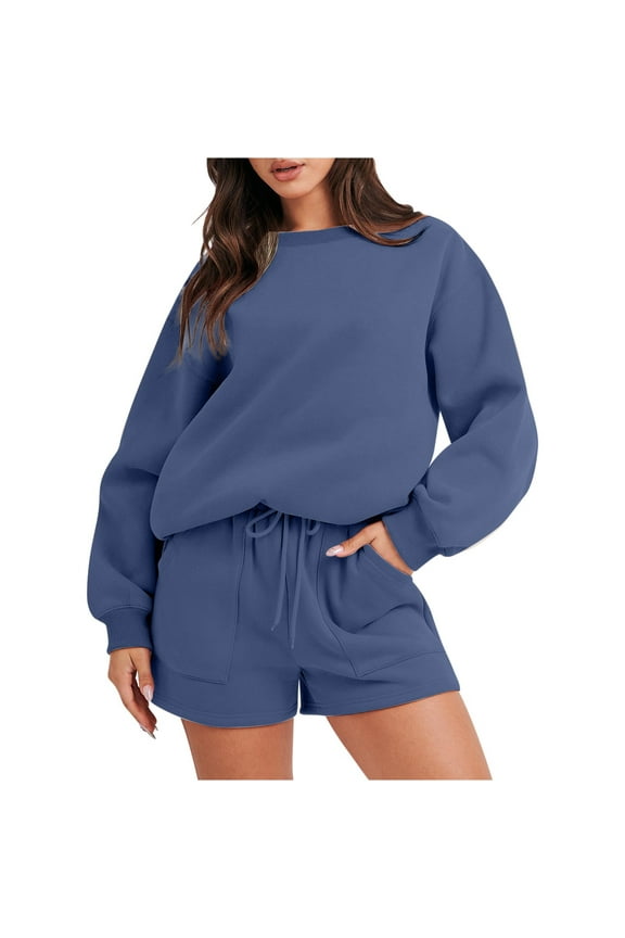 Beach Vacation Clothes for Women Two Piece Set New Women's Fall Oversized Long Sleeve Lounge Sets Casual Tops and Shorts 2 Piece Outfits Sweatsuit Navy L