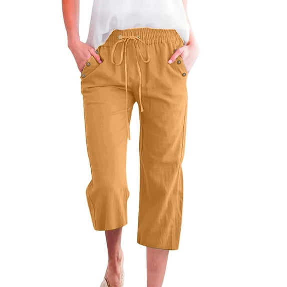 Beach Vacation Clothes for Women Women's Solid Color Linen Blend 7/ 8 Pants Loose Fit Casual Trousers With Pockets Fall Business Casual Clothes for Women Palazzi Pants Elderly Ruffle Full Len Orange S
