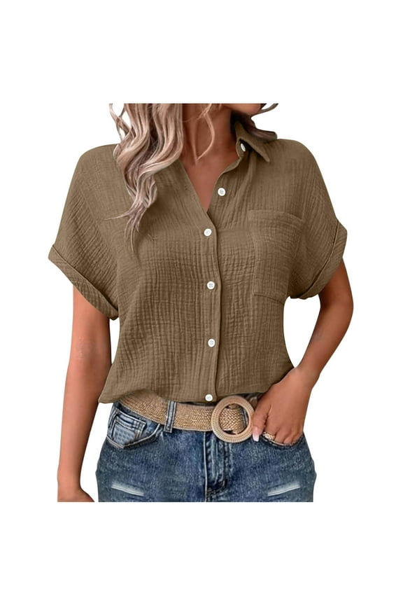Beach Vacation Clothes for Women,Womens Lapel Short Sleeve Tops Button Down Tees Shirts Collared Shirt Plain Classic Tunics Blouses Basic Tee Shirts 2025 Casual Summer Trendy Clothes
