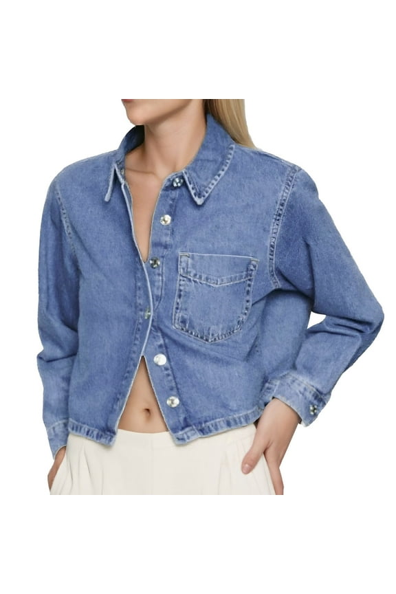 Beach Vacation Clothes for Women, Womens Shirts, Trendy Women Denim Shacket Long Sleeve Collared Shirt Casual Blouse Stylish Crop Jean Jacket for Modern Females