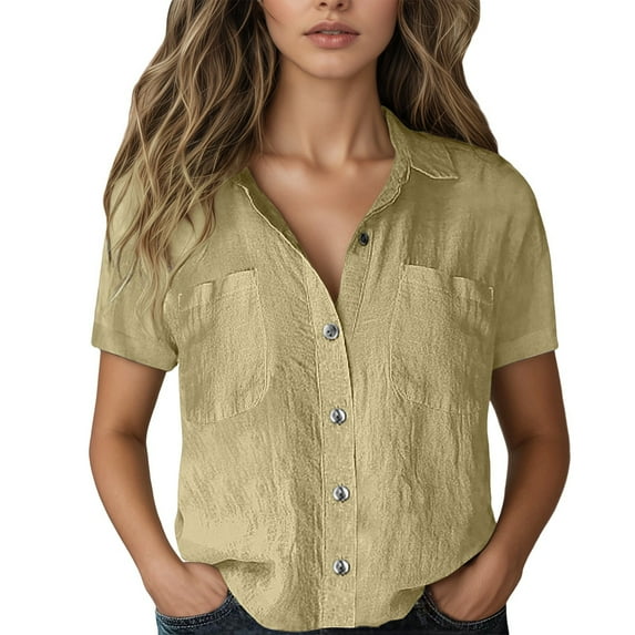 Beach Vacation Clothes for Women, Women Blouses, Stylish Women's Button-Up Short Sleeve Shirt for Casual and Wear with V-Neck and Lace Details
