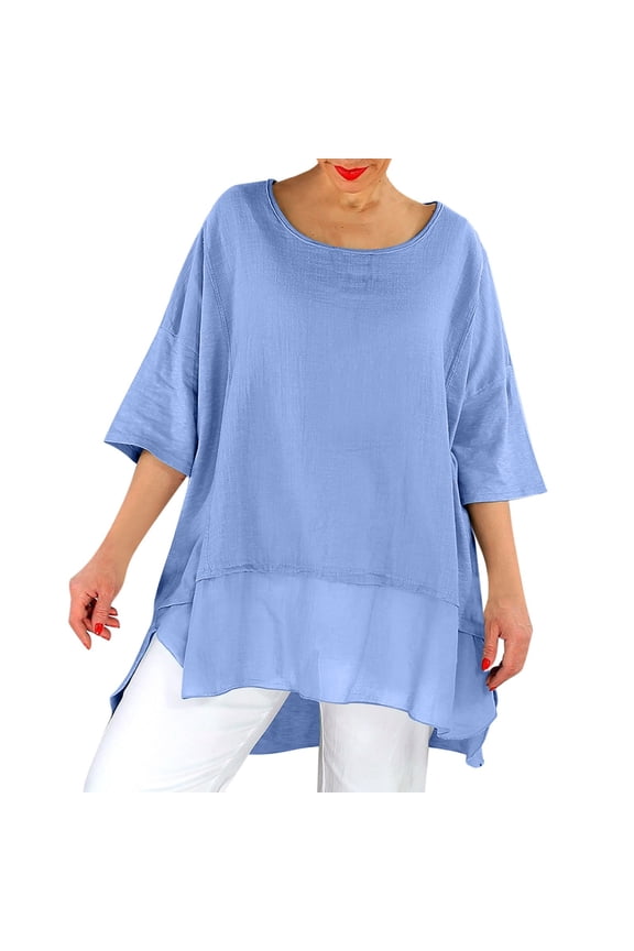 Beach Vacation Clothes for Women, Womens Shirts, Trendy Women Casual Blouse Solid Round Neck Loose Top with Three Quarter Sleeves for Everyday Wear
