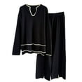 thumbnail image 1 of Beach Vacation Clothing Set for Women New Women's Fall and Winter U-Shaped Collar Long Sleeved Knitted Sweater Set with Split Wide Leg Pants Knitted Two-Piece Set Black One Size, 1 of 3