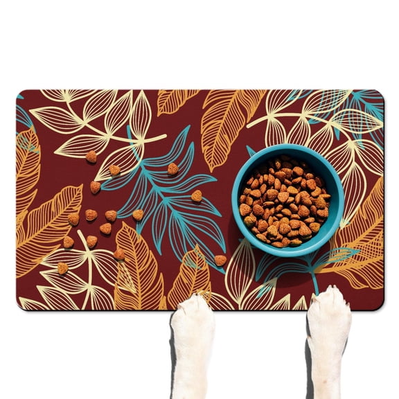 Beach Vacation Dog Bowl Mat - Tropical Plant Pet Feeding Mat - 4-Layer Absorption - Non-Slip Base - Retro Floral Design - Quick Dry & Washable - For Messy Eaters