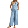 thumbnail image 1 of Beach Vacation Jumpsuits for Women Halter Neck Sleeveless Linen Rompers Summer Travel Wide Leg Jumpsuit Light Blue, 3XL, 1 of 7
