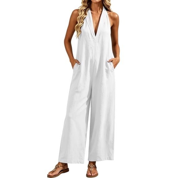 Beach Vacation Jumpsuits for Women Halter Neck Sleeveless Linen Rompers Summer Travel Wide Leg Jumpsuit White, 2XL