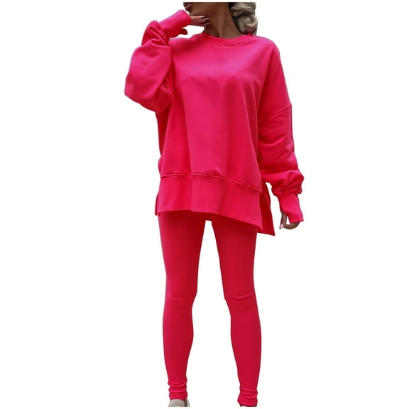 Beach Vacation Outfits for Women 2 Piece Set, Women's Fashionable Solid Color Casual Long Sleeved Round Neck Hoodie Tops Stripe Pants Set New Fall Travel Clothes for Women Pinks XL