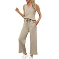thumbnail image 1 of Beach Vacation Pajamas Set for Women New Women Solid Two Piece Sets for Women Summer Vacation Travel Outfits V Neck Lounge Matching Sets Khaki XXL, 1 of 9