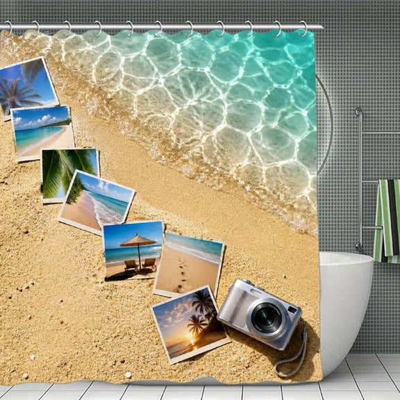 Beach Vacation Photos Camera Summer Travel Print Shower Curtain,Modern Fabric Waterproof Shower Curtain Set with Hooks,70.8×70.8Inch