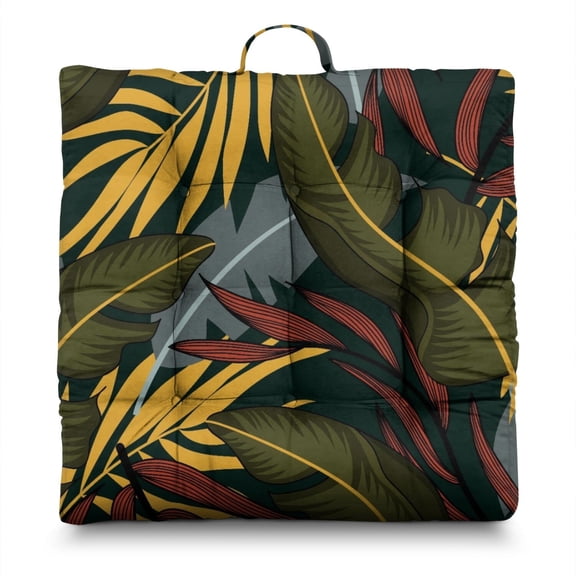 Beach Vacation Seat Cushion – 22x22 Inch Square Pillow, Dutch Velvet, Palm & Hibiscus Pattern (Relaxing Coastal Style)