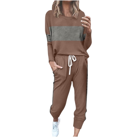 Beach Vacation Set for Women New Women's Color Block 2 Piece Tracksuit Crewneck Long Sleeve Tops Long Sweatpants Outfits Lounge Sets Khaki S