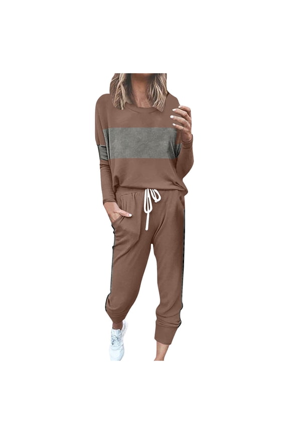 Beach Vacation Set for Women New Women's Color Block 2 Piece Tracksuit Crewneck Long Sleeve Tops Long Sweatpants Outfits Lounge Sets Khaki S