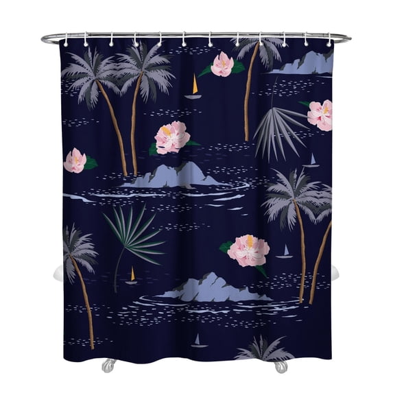 Beach Vacation Shower Curtain, Aloha Hawaiian Paradise with Tropical Palm Tree and Nautical Coastal Scene, Waterproof Boho Fabric with Hooks, Great for Summer Bathroom Decor