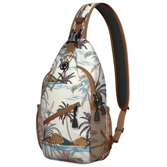 Beach Vacation Sling Backpack with Hawaiian Island Landscape, Tropical Palm Tree, Aloha Paradise, Coastal Jungle, Boho Sunset Beach Style