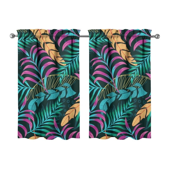 Beach Vacation Style 2 Pack Kitchen Curtains 27.5Wx39L Inch Palm Leaf & Hawaiian Floral Print Window Panels