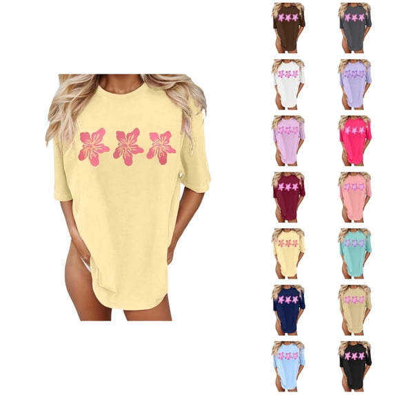 Beach Vacation T Shirts for Women 2026 Summer Casual Short Sleeve Crewneck Oversized Tropical Flower Graphic Tees