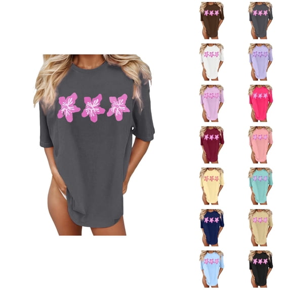 Beach Vacation T Shirts for Women 2026 Summer Casual Short Sleeve Crewneck Oversized Tropical Flower Graphic Tees