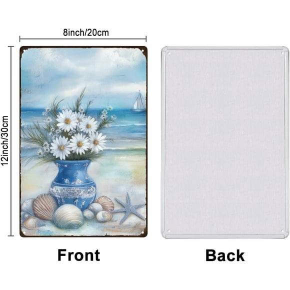 Beach and Vase Metal Signs Blue Beaches Tin Sign Shells Starfish Vintage Tin Signs Ocean Vintage Wall Art Seaside Retro Decor for Living Room Sea Lake Bedroom Beach House Metal Decor
