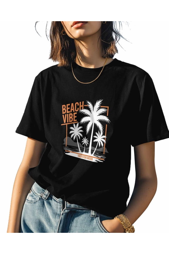 Beach Vibe Palm Trees Womens Tshirt Graphic Tees Cotton Crew Neck T-Shirts, Casual Short Sleeve Shirts for Women Teen Girl Seaside Vacation