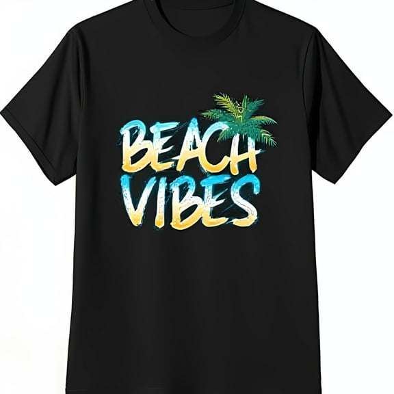 Beach Vibes Black T-Shirt with Blue & Yellow Text and Green Tree Design