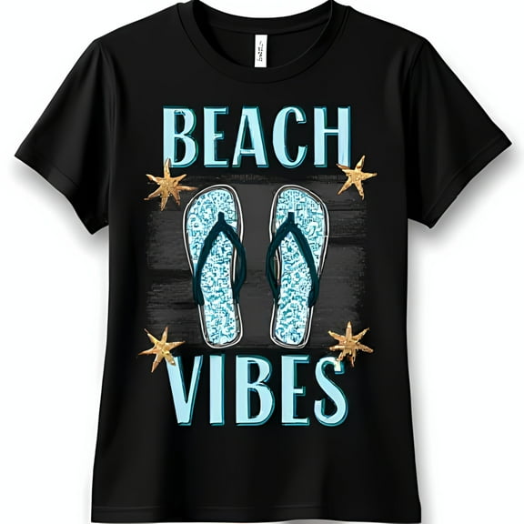 Beach Vibes Black T-Shirt with Flip Flops & Gold Starfish Design Summer Fun