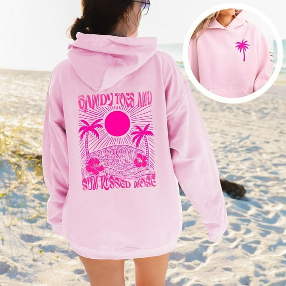 Beach Vibes Hoodie – Sandy Toes & Sunkissed Nose Sweatshirt – Pink Palm Tree Aesthetic Beach Hoodie