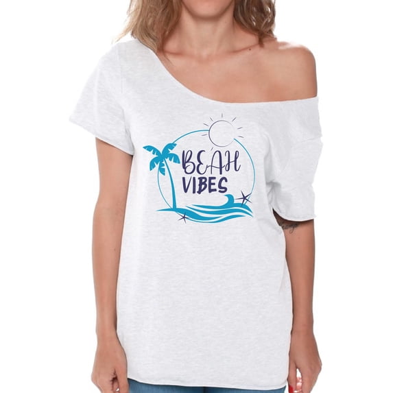 Beach Vibes Print Off Shoulder Shirt for Women - Hot Summer Graphic Tee S M L XL 2XL T-Shirt Beach Party Tee Gift