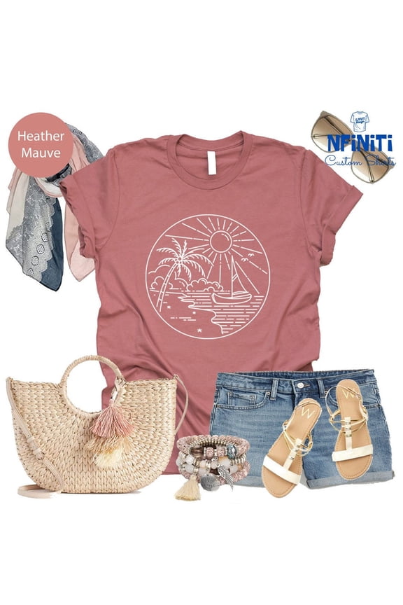 Beach Vibes Shirt: Palm Tree Boat Graphic Tee All Size S-5Xl