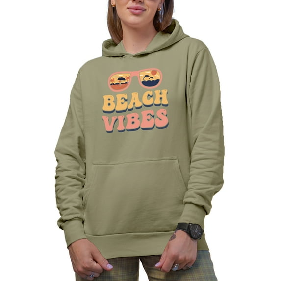 Beach Vibes with Sunglasses, Summer Themed, Groovy Retro Wavy Text Merch Gift, Sand Hooded Sweatshirt or Hoodie, Large