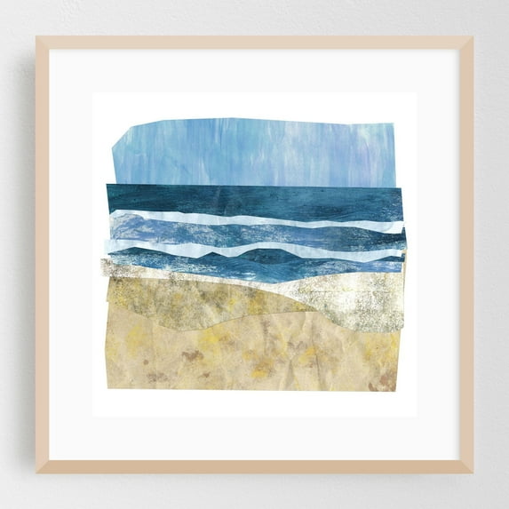 Beach View - Collage Abstract Seascape Beach Ocean Waves Coastal Minimalist Oak Framed Wall Art Print 10 x 10 inches