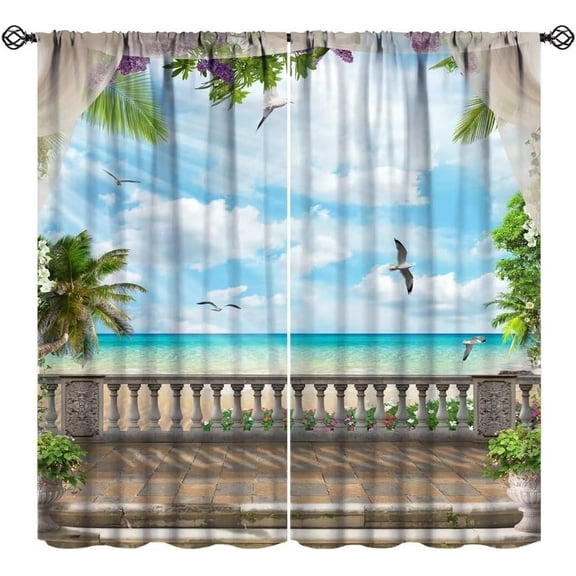 Beach View Curtains, Beach Scene Palm Tree Tropical Ocean Seaside Summer Blue Sky Hawaiian Teal Natural Blackout Window Treatments for Living Room Bedroom 84x84in