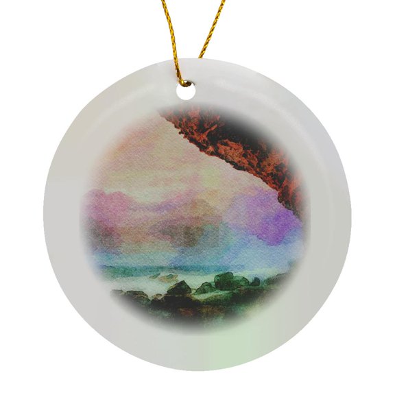 3drose, Beach View from a Cave Image of Watercolor Painting, Circle Porcelain Ornament
