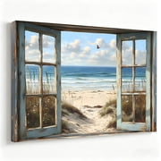 Beach View Through Rustic Window Framed Canvas Wall Art, Coastal Ocean Beach Wall Decor, Nautical Pictures for Living Room Bedroom Bathroom 12 8