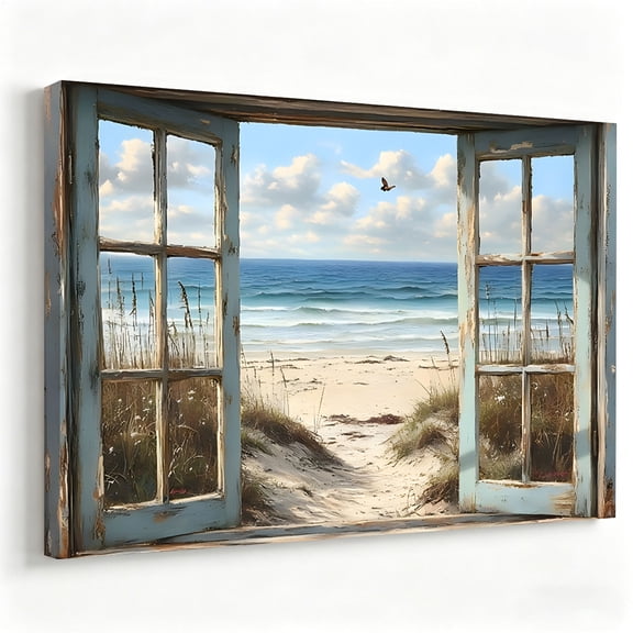 Beach View Through Rustic Window Framed Canvas Wall Art, Coastal Ocean Beach Wall Decor, Nautical Pictures for Living Room Bedroom Bathroom 12×8