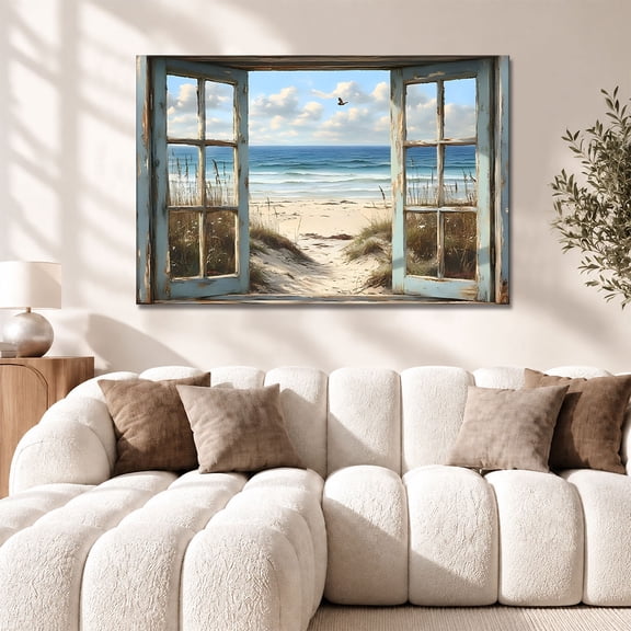 Beach View Through Rustic Window Framed Canvas Wall Art, Coastal Ocean Beach Wall Decor, Nautical Pictures for Living Room Bedroom Bathroom 18×12