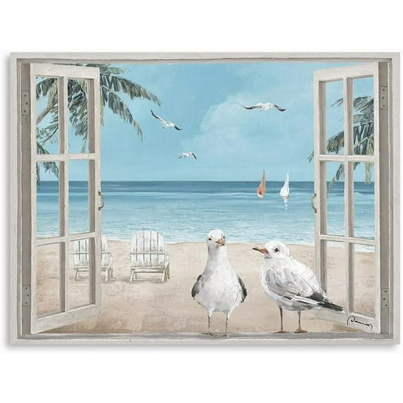 Beach View With Window Art Coastal Bird Pictures Window View Canvas Wall Art Window Beach Poster Beach Window Wall Art Seagull for Bedroom,Living Room,Kitchen,Office(12"X16"X1 Panel)