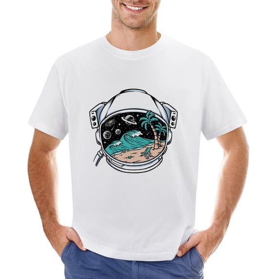 Beach View in Astronaut Helmet Men’s Graphic T-shirt Vintage Short Sleeve Sport Tee White 2XL