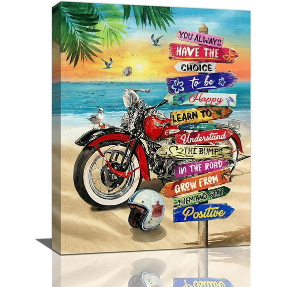 Beach Vintage Motor Cycle Bathroom Decor Wall Art Motorcycle Colorful Sea Ocean Seagull Inspirational Quotes Pictures Wall Decor Canvas Painting Prints Artwork Framed for Bedroom 12"x16"