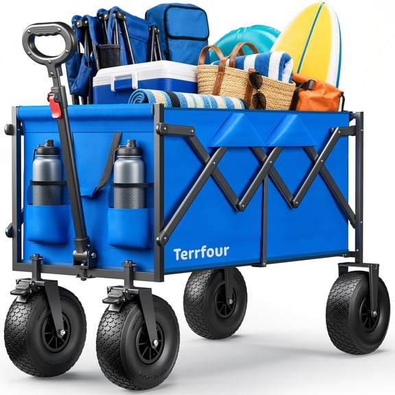 Beach Wagon with 10" Big Sand-Proof Wheels, 580lbs Capacity Heavy Duty Collapsible Cart with Adjustable Handle for Beach, Camping, Groceries, Sports, Blue