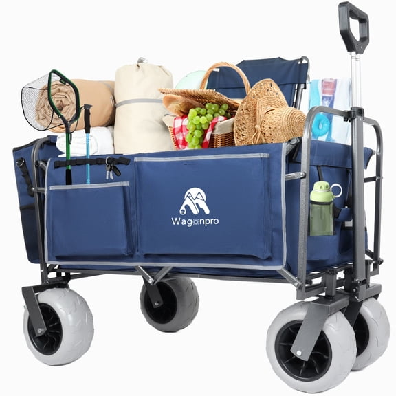 Beach Wagon with Big Sand Wheels - 500lbs Capacity, Patented Design, All-Terrain Steel Frame, 9" Pneumatic Tires, Collapsible Folding, Straps & Multiuse Bag