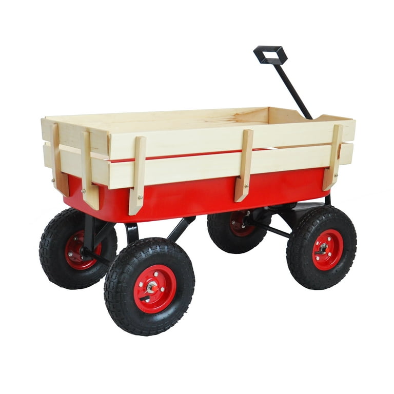 Outdoor Wagon All Terrain Pulling with Wood Railing Air Tires Children Kid Garden Wagon Red