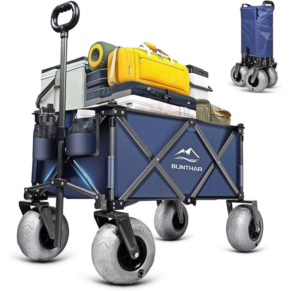 Beach Wagon with Big Wheels for Sand, Heavy Duty Harder Sand Collapsible Folding All-Terrain 9" Pneumatic Ballon Tires, Utility Garden Sports Camping Outdoor Activities