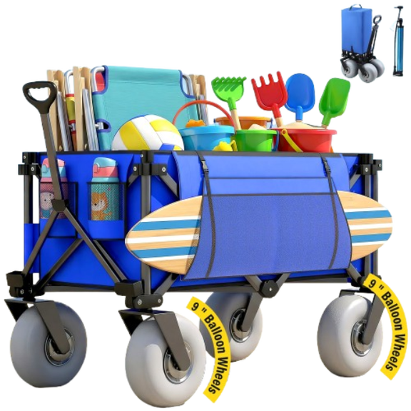 Rovique All-Terrain Beach Wagon Cart with 9" Balloon Wheels and Adjustable Handle,Blue