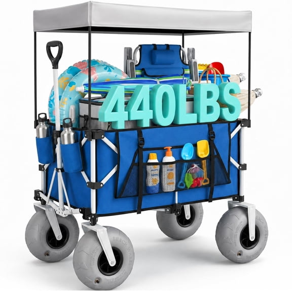 Beach Wagon Cart With Big Balloon Wheels, Folding Extra Large Collapsible Beach Cart With Canopy, Heavy Duty Outdoor Utility Cart With Side Pocket Light Blue
