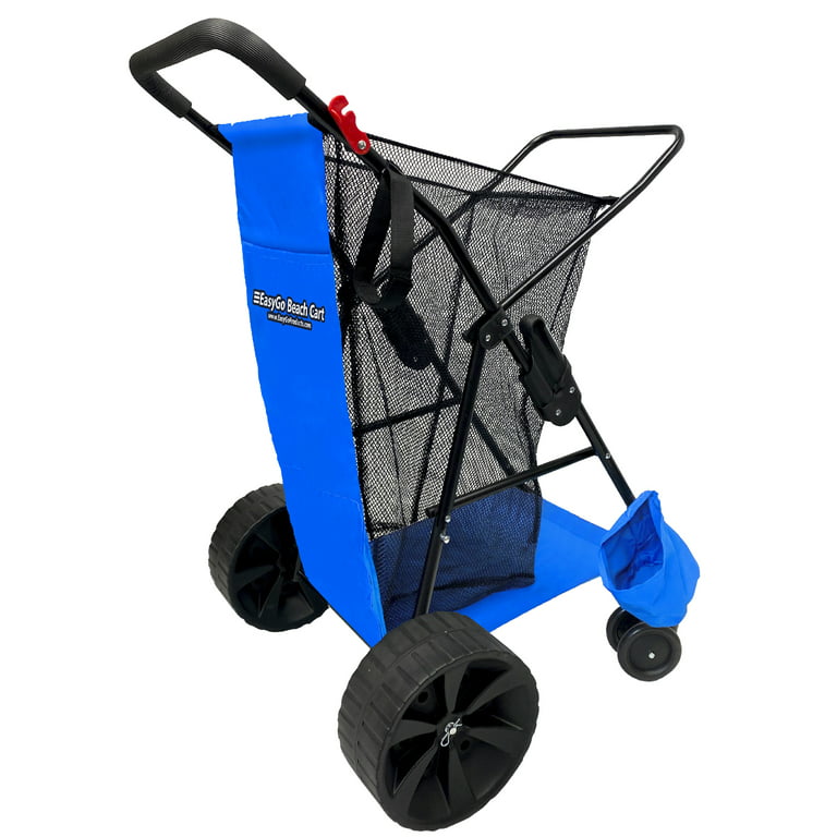 Beach Wagon Cart Heavy Duty Folding Ocean Utility Cart Large Sand Wheels Holds 4 Beach Chairs Storage Pouch Beach Umbrella Holder Solid Blue