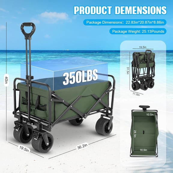 Beach Wagon,Collapsible Foldable Wagon Cart with Big Wheels,Utility Folding Grocery Lounge All Terrain Wagon with Side Pocket and Brakes for Sand Camping Sports Outdoor(Green)